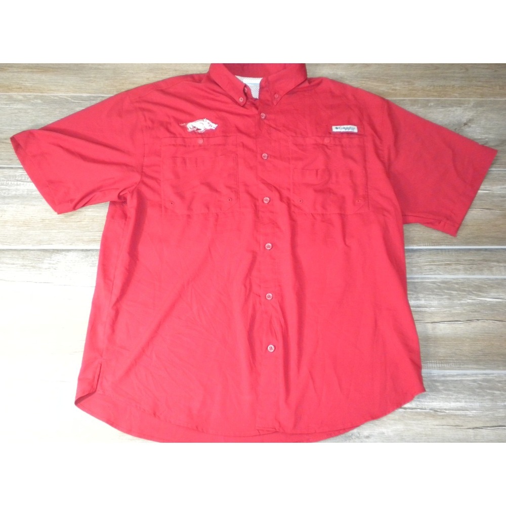 Columbia PFG Tamiami Shirt L Red Arkansas Razorbacks Omni Shade Fishing Outdoor